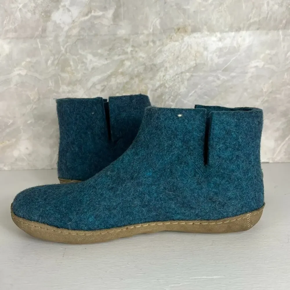 Glerups Womens Booties Slippers Wool Upper Size 11 Petrol Blue Suede Sole
